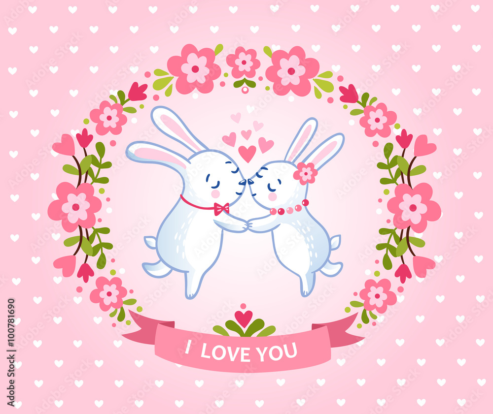 Floral frame for romantic holiday designs. I love you card with symbol of heart and two bunnies love