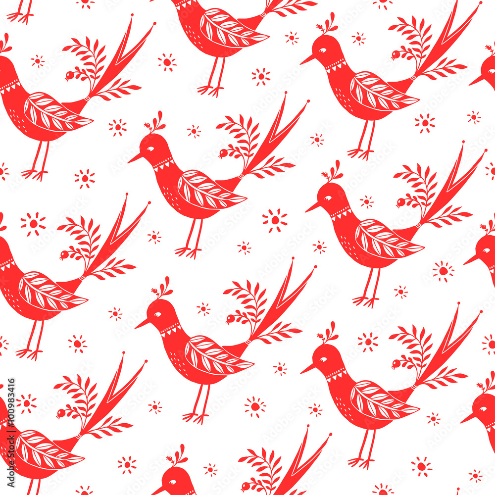 Seamless vector folk pattern. Vintage pattern with red birds on a white background.
