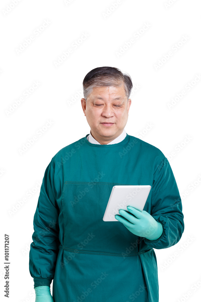 portrait old asian man doctor in gown with digital tablet