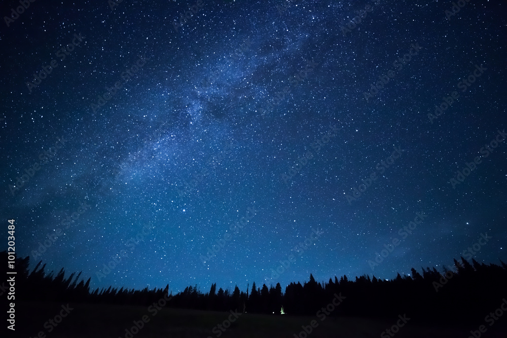 蓝色黑暗的夜空，田野上有许多星星。Milkyw