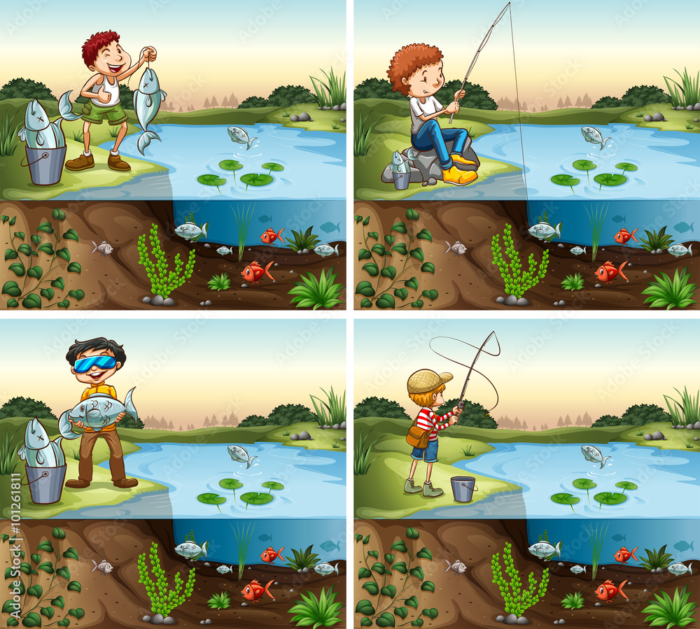男孩在池塘里钓鱼的四个场景