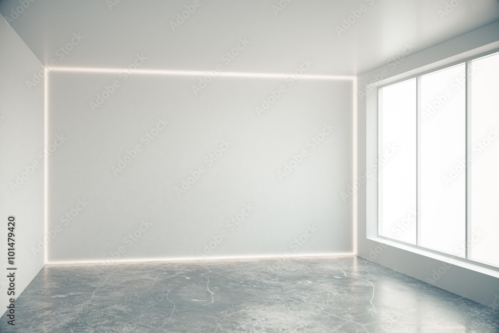 空房间里的灰色空白墙，有大窗户和混凝土闸门