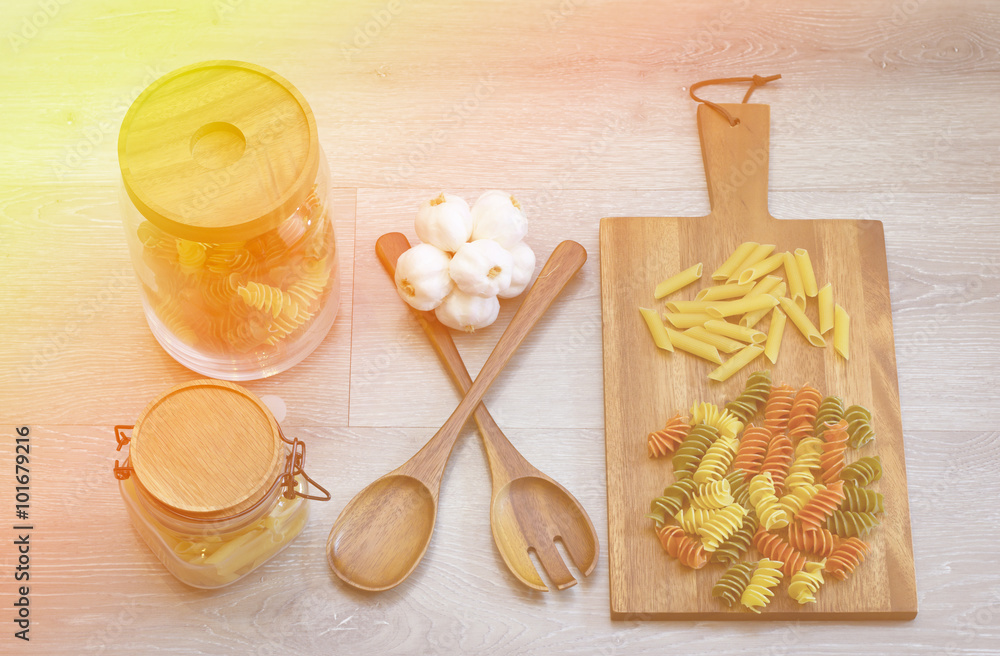 Ingredients for preparing macaroni  on a table.jpg