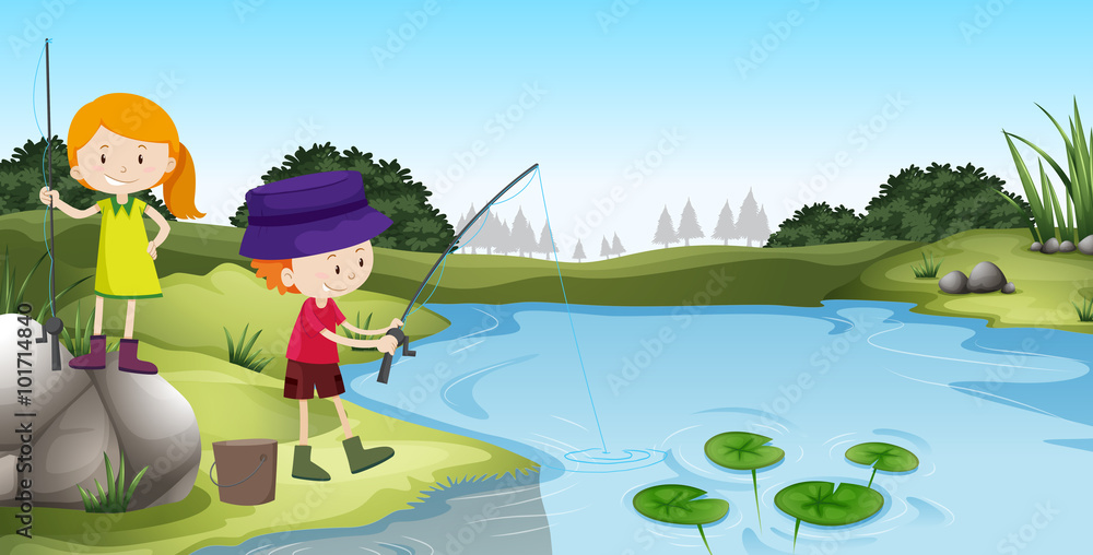 男孩和女孩在河边钓鱼