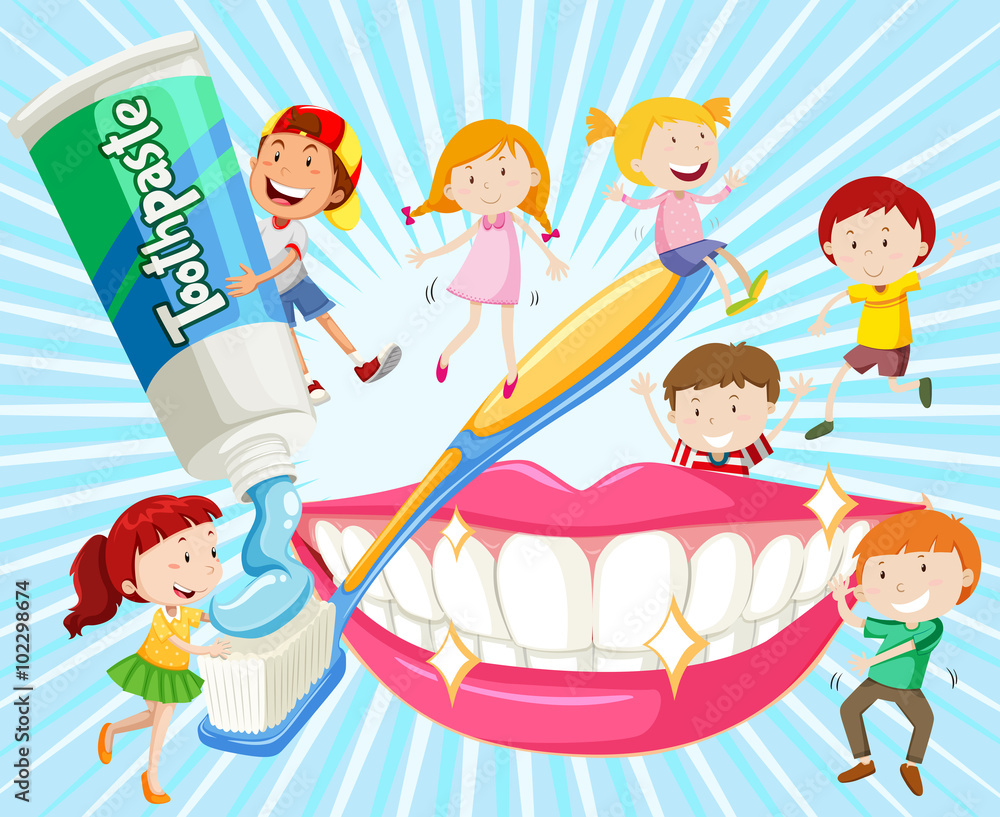 Children cleaning teeth with toothbrush