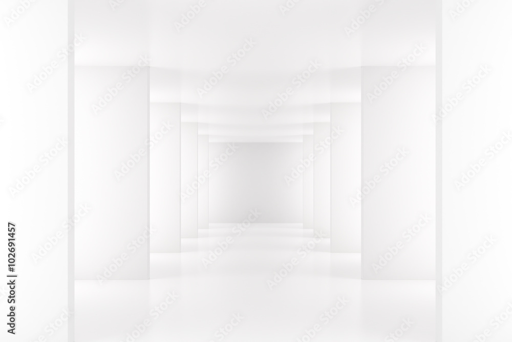 现代空间中带长走廊的白色室内