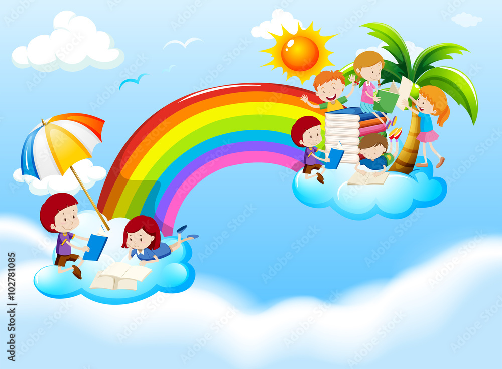 孩子们在彩虹上读书