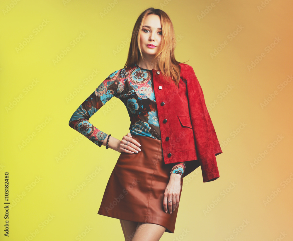 Fashion woman in bright cloth on background in spring colors