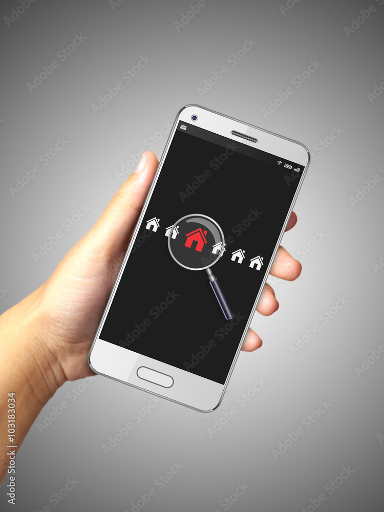 Hand holding smart phone with Searching for house of home
