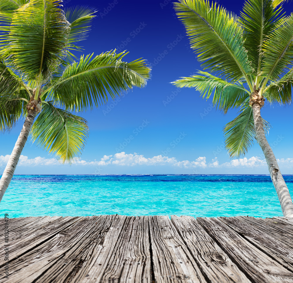 绿松石海洋上有木板和棕榈树的热带海景-暑假背景