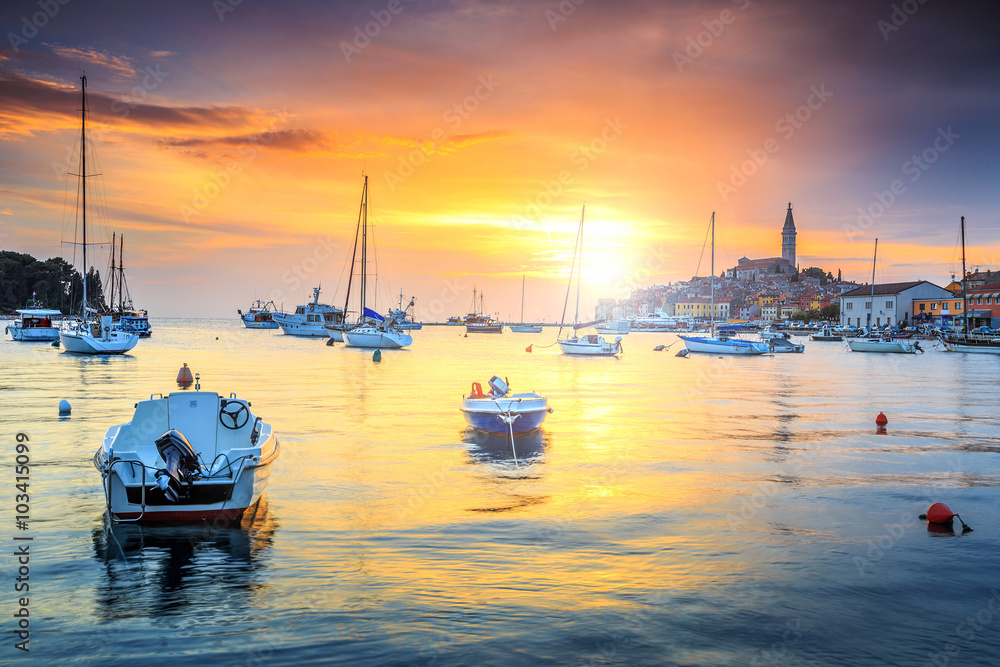 Magical sunset with Rovinj harbor,Istria region,Croatia,Europe