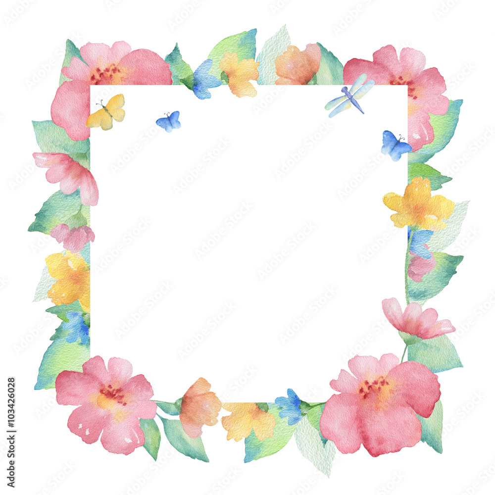 Watercolor square frame of colorful flowers.