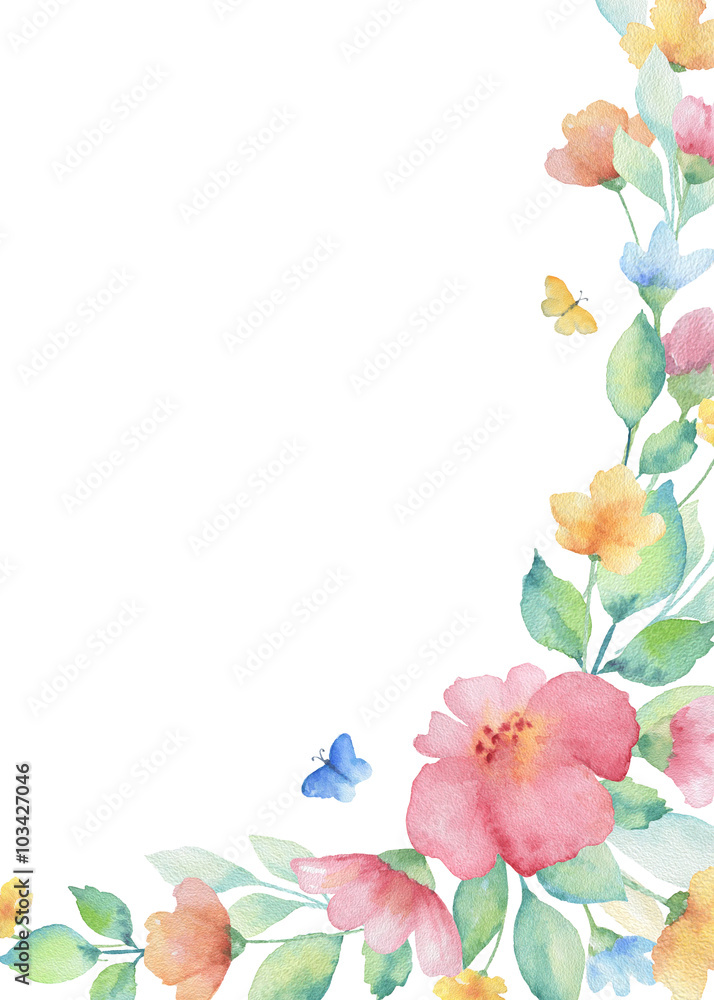 Watercolor wreath of colorful flowers.