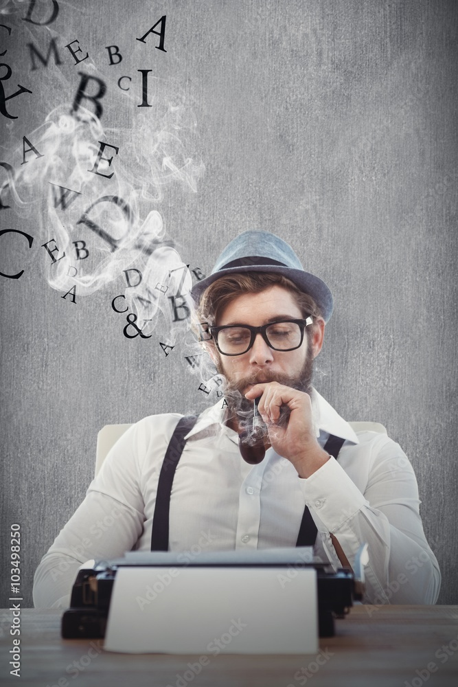 Composite image of hipster smoking pipe while sitting