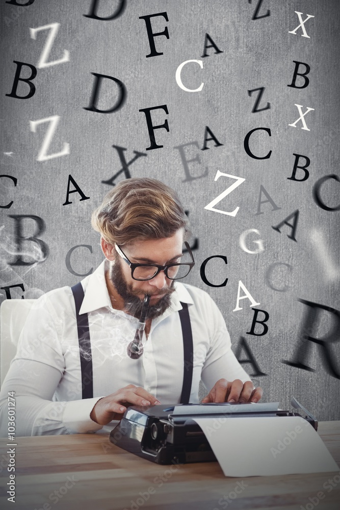 Composite image of hipster smoking pipe and working on typewriter