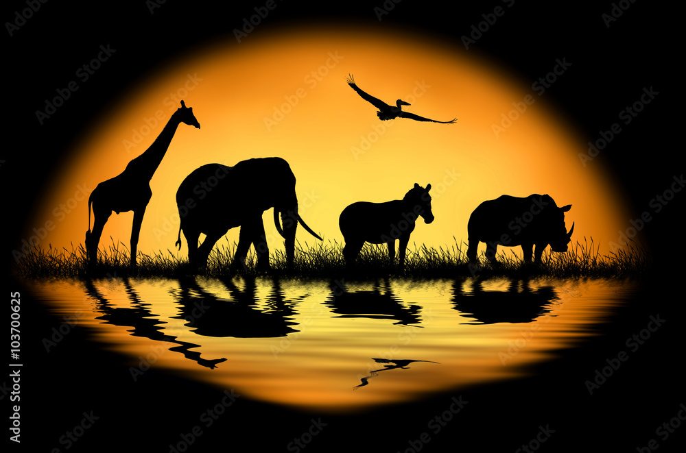 日落背景下的非洲动物剪影