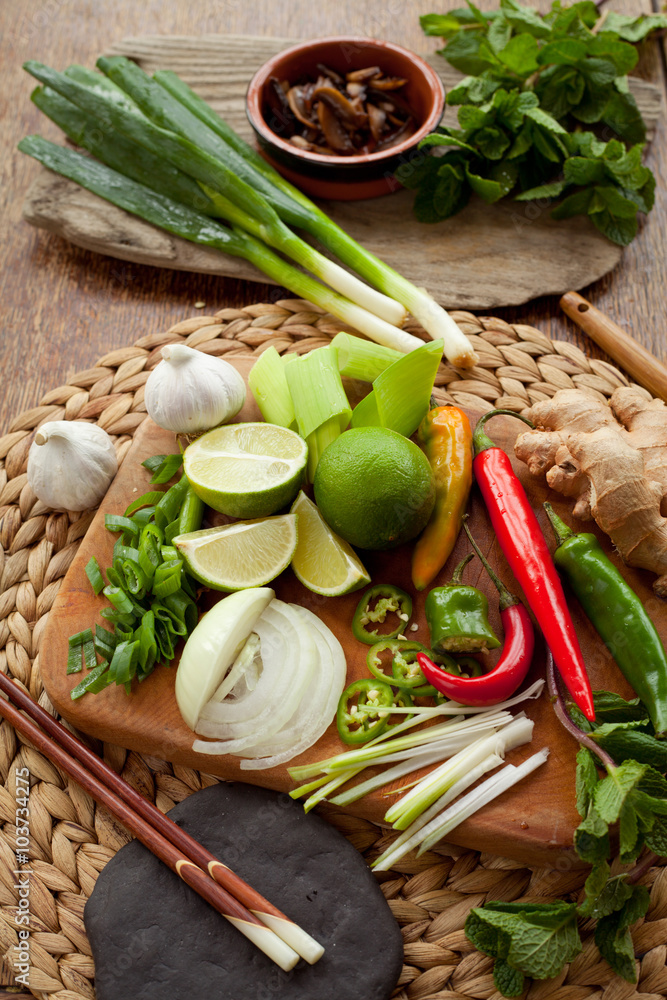 asian food cooking board ingredients lime chili 