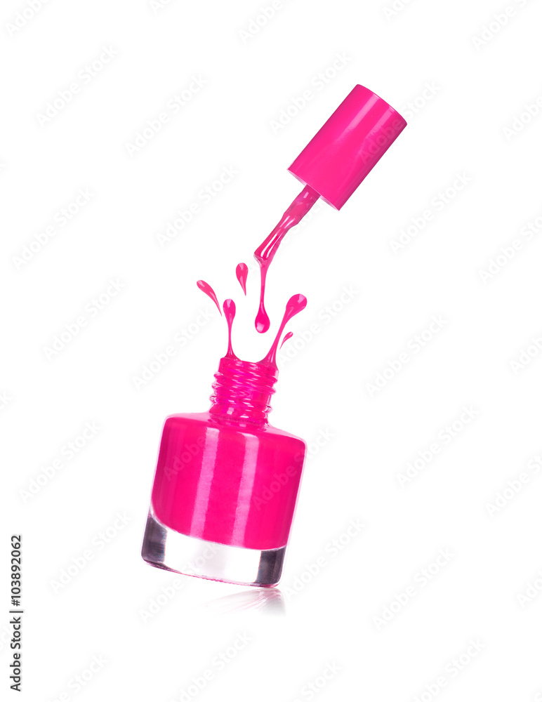 粉红色指甲油瓶，白色隔离飞溅物