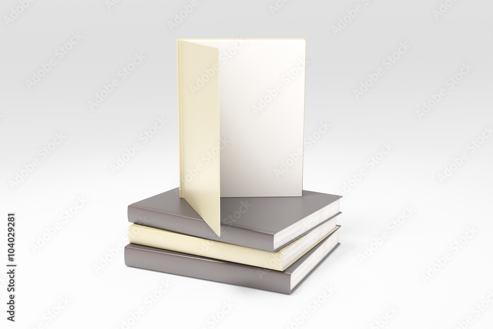打开的书，一堆书上有空白的白色页面，实物模型，3D