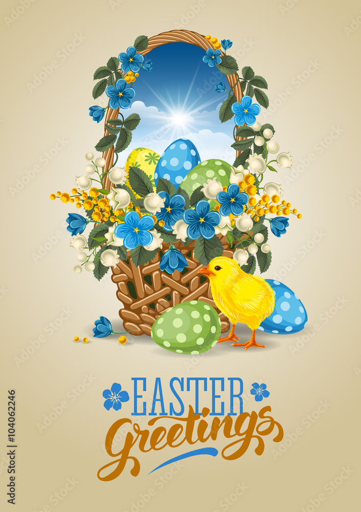 复活节贺卡，篮子里装满彩绘复活节彩蛋、小鸡和蓓上的春花