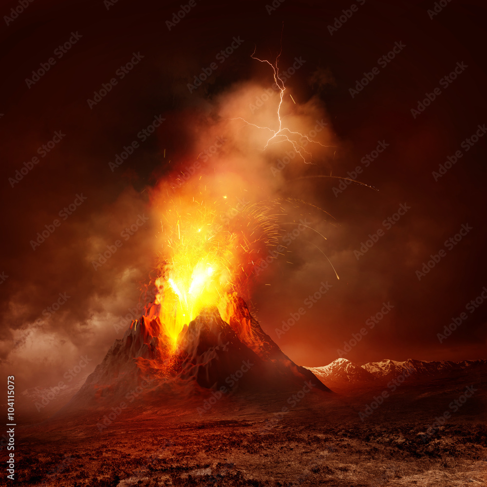 Volcano Eruption. A large volcano erupting hot lava and gases into the atmosphere. Illustration.
