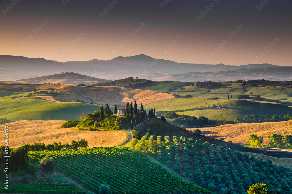 Scenic Tuscany landscape at sunrise, Val dOrcia, Italy