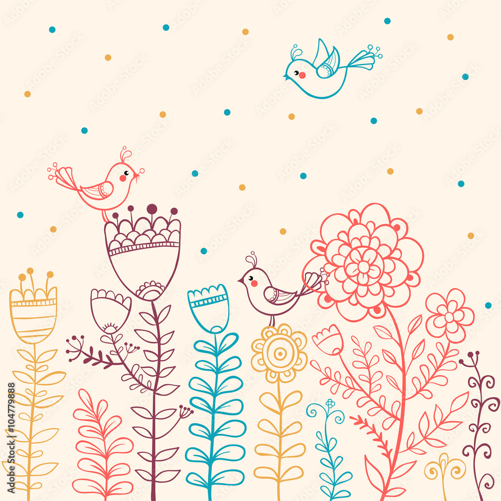 Flowers and Birds in vector. Flowers and Birds in vector. Floral background.