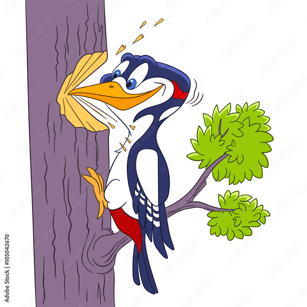 cute and hardworking cartoon forest bird woodpecker, isolated on a white background