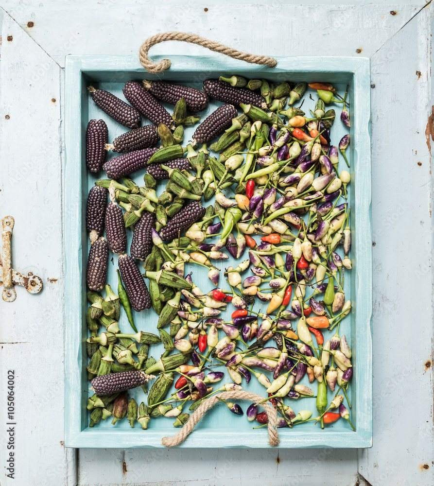 Okra, spicy peppers and small black corns on blue wooden tray over light rustic backdrop, top view.