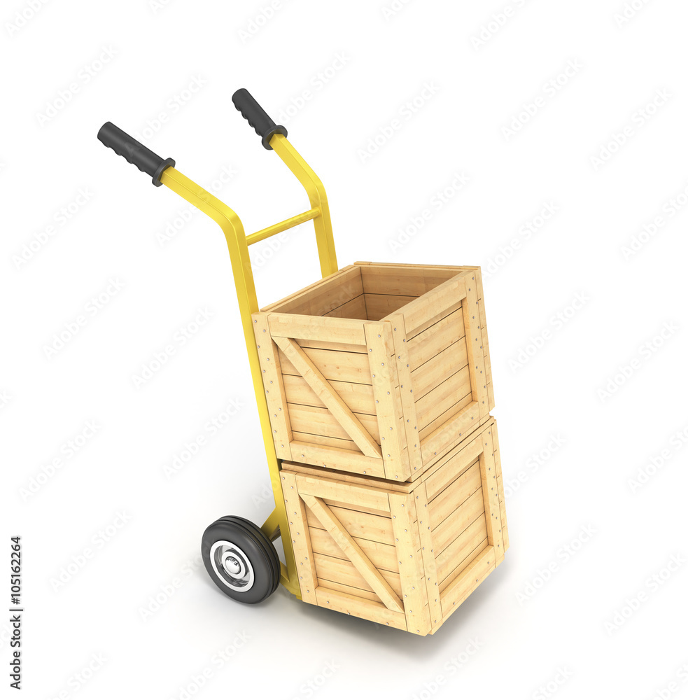 wooden boxes on a hand truck isolated on white background