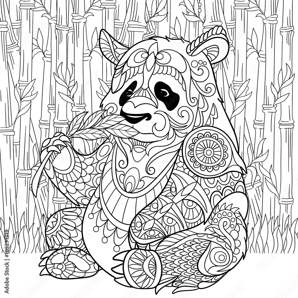 Zentangle stylized cartoon panda sitting among bamboo stems. Sketch for adult antistress coloring pa