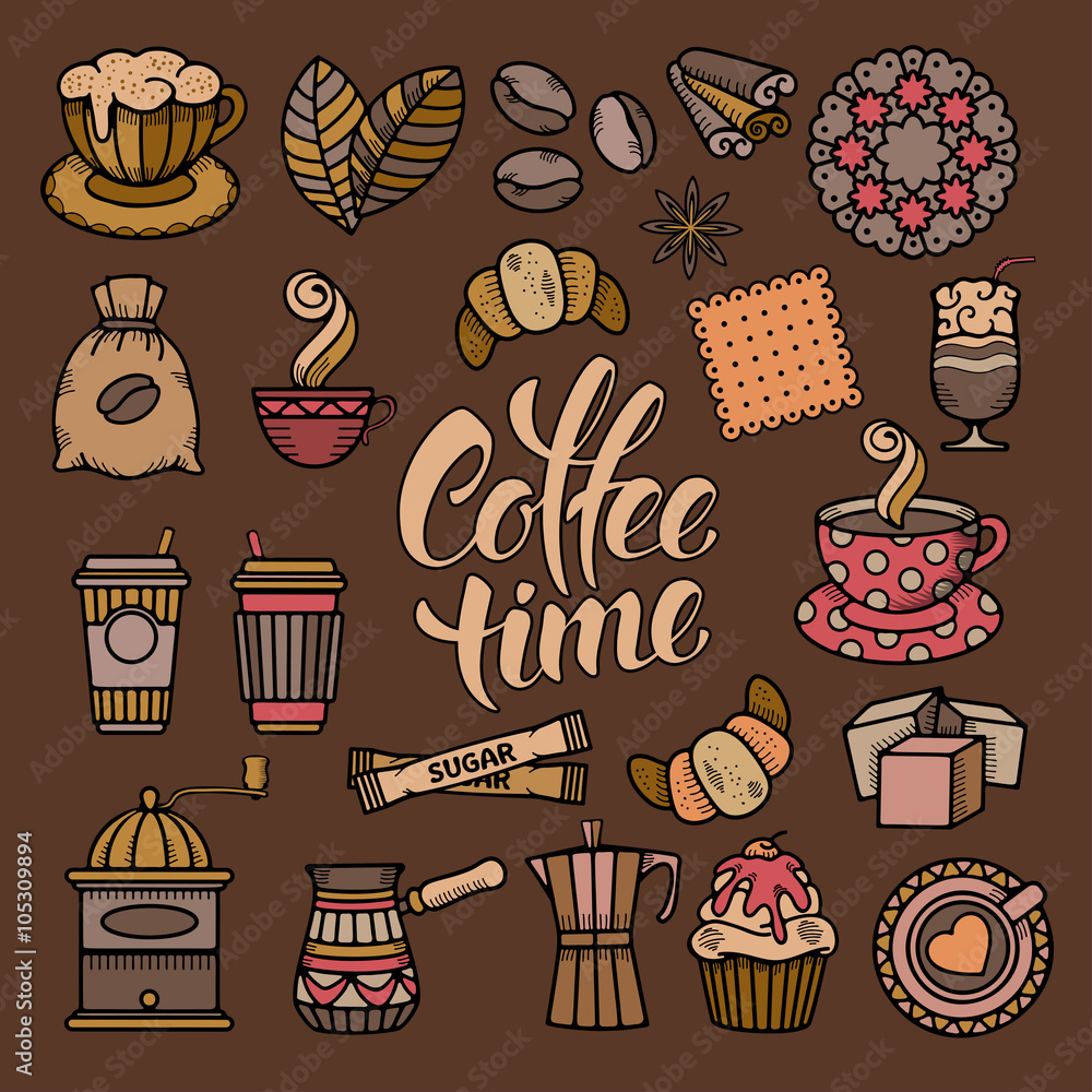 咖啡主题图标设置为极简主义轮廓涂鸦风格。书法字体咖啡时间。Vec