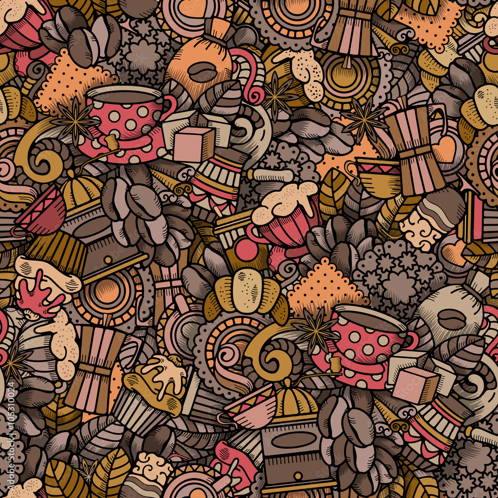 咖啡主题上带有不同对象的轮廓手绘涂鸦风格的咖啡无缝图案。A