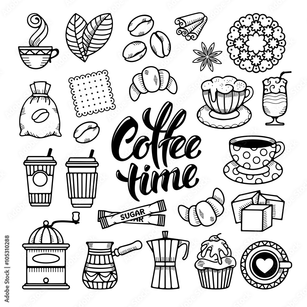 咖啡主题图标采用极简主义轮廓手绘涂鸦风格。书法字母咖啡