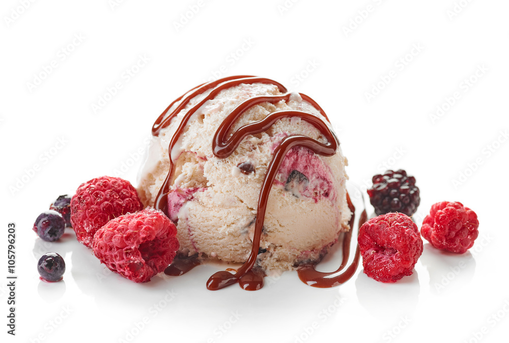 Ice cream ball with chocolate sauce and frozen berries