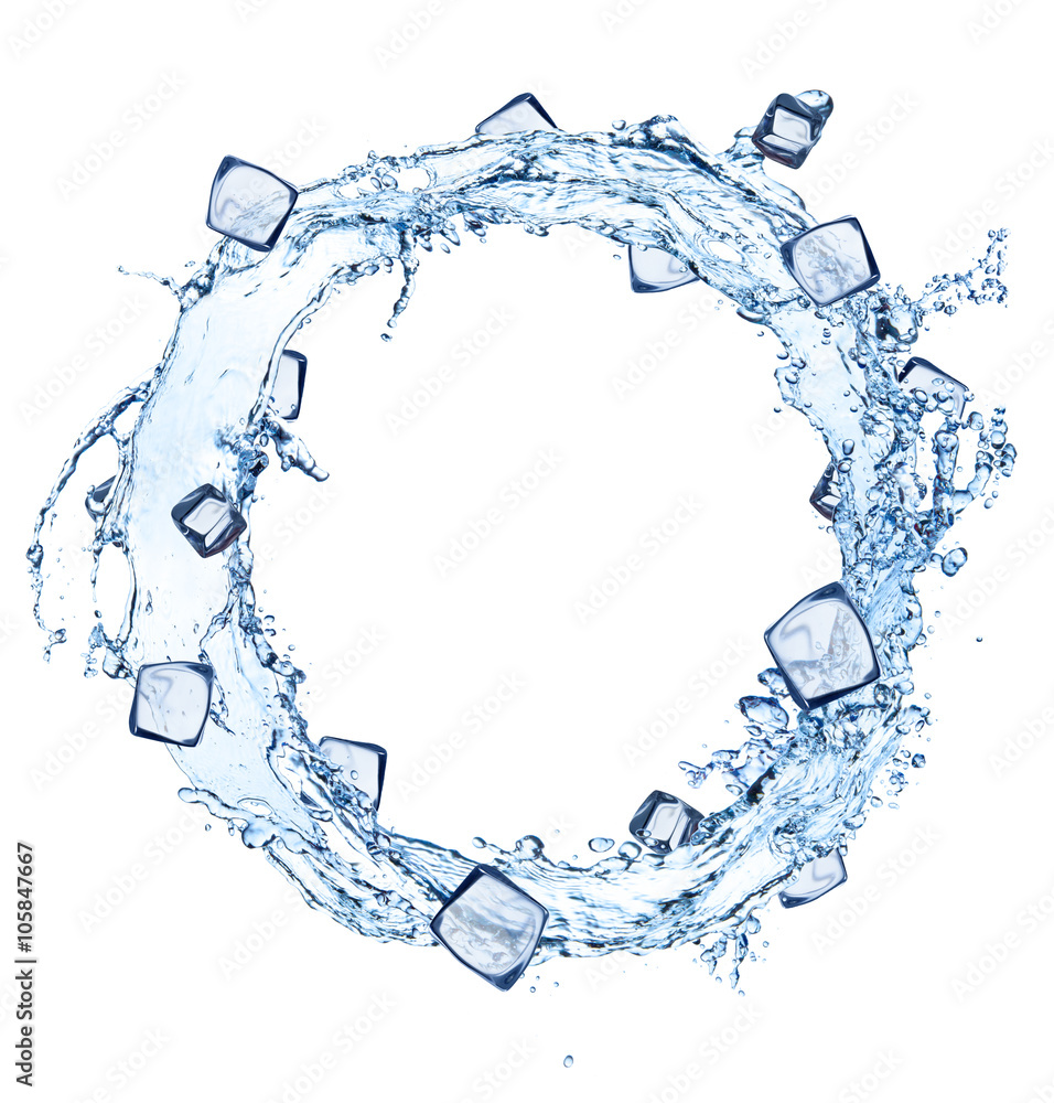 Water splash circle with ice cubes on white