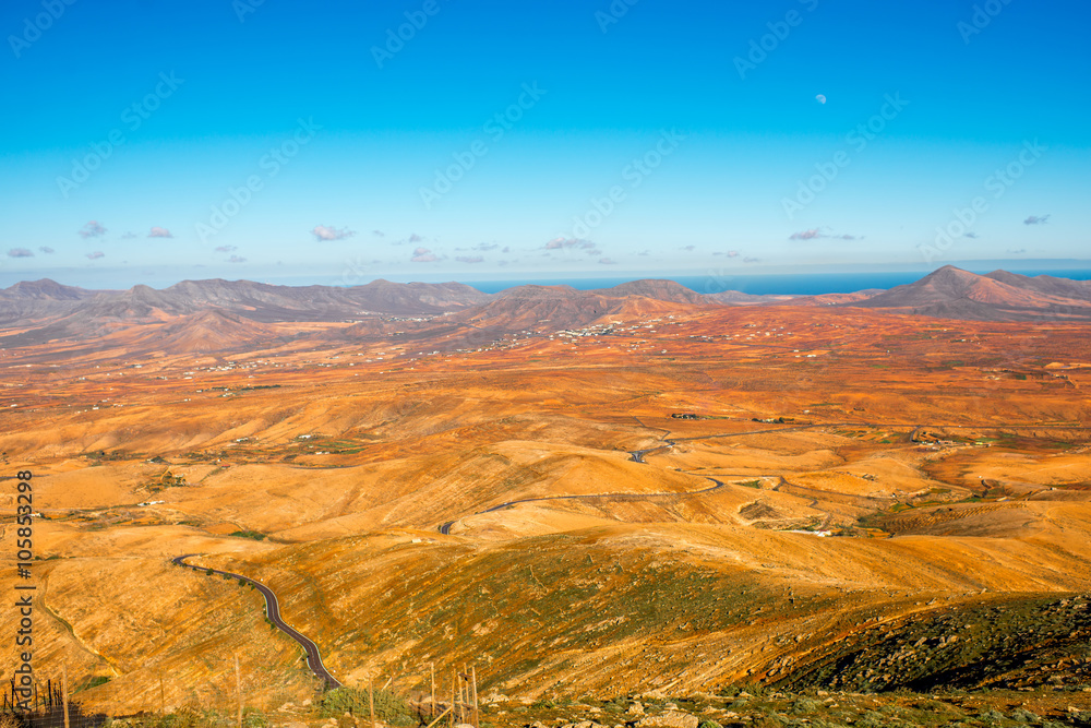Aerial view on Fuerteventura island from Morro Velosa viewpoint with beautiful soft mointains landsc