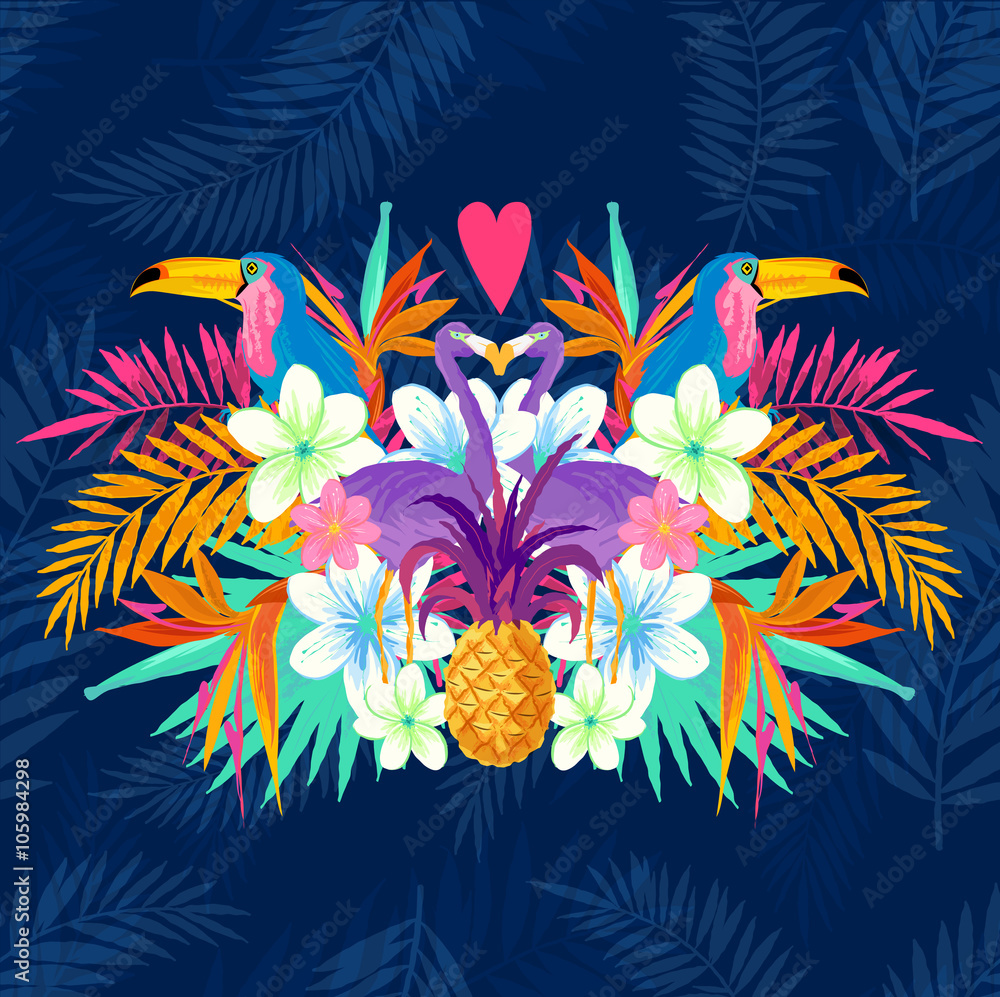 Vivid Tropical Love. Tropic elements including, Palms, Toucans, Bird of paradise flowers and pineapp