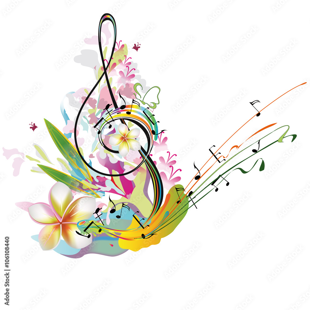 音乐高音谱号，带音符，花朵飞溅。夏日音乐。