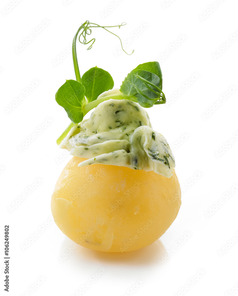 boiled potato decorated with dill and garlic butter