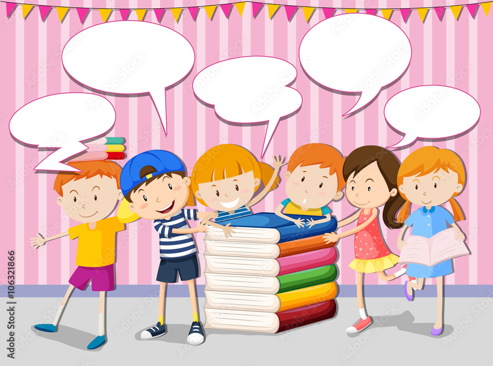 Children with books and speech bubbles
