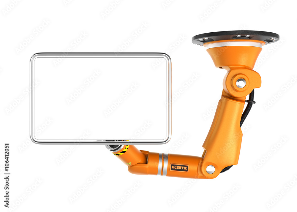 橙色天花板机械臂，用于复制空间的空白监视器。带剪切pa的3D渲染图像