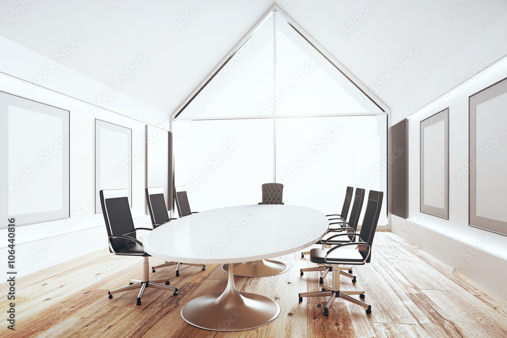 现代会议室，白色桌子和黑色椅子，3D Ren