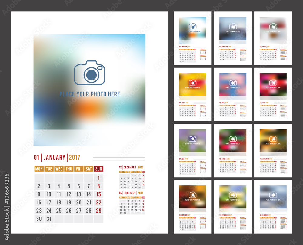 Design of Wall Monthly Calendar for 2017 Year. Print Template with Place for Photo, Your Logo and Te