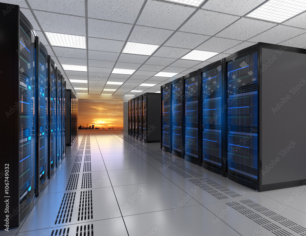 Rows of blade server system in data center. 3D rendering image.