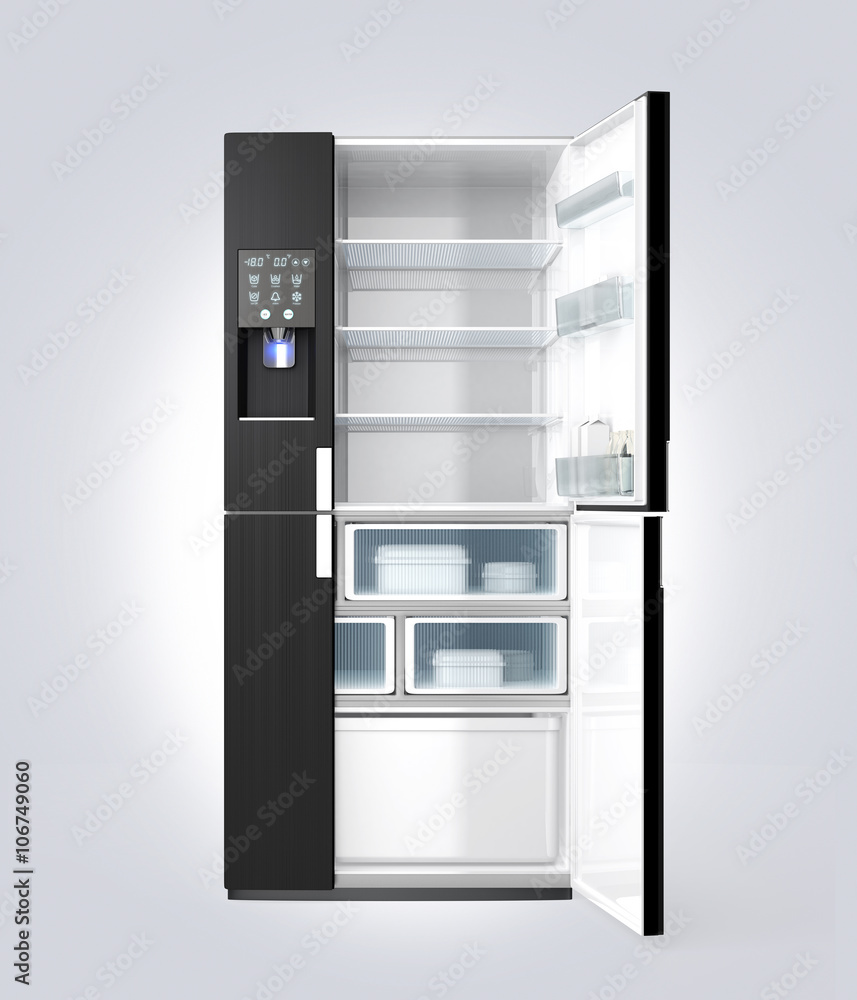 具有制冰机功能的智能冰箱。用户可以触摸门上的图标来发现更多信息