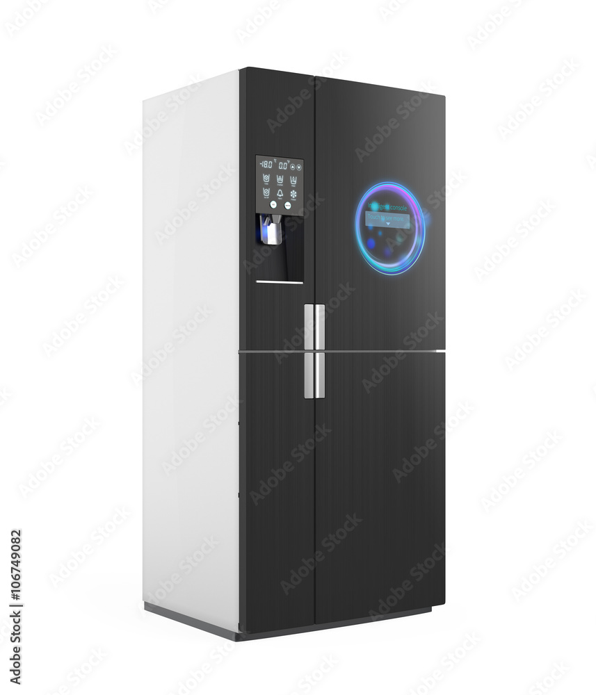 Smart refrigerator with ice dispenser function. User can touch icon on the door to discover more inf