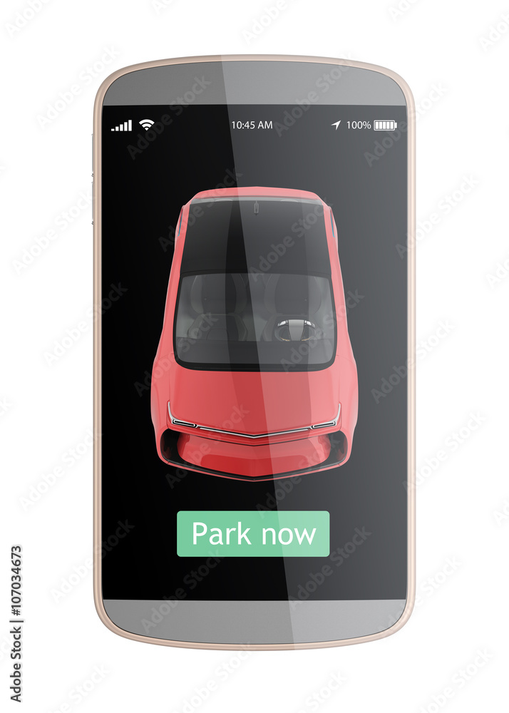 Automatic parking apps interface design concept. Touch the park now button to parking car without dr