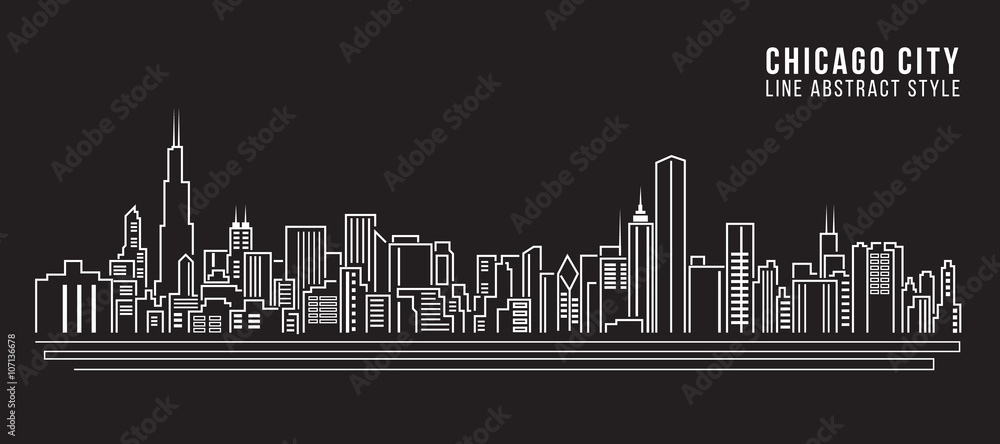 城市景观建筑线条艺术矢量插图设计-芝加哥城市
