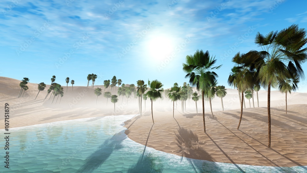 海滩上的墨西哥棕榈树，沙漠中的绿洲，海滩上的早晨3D渲染